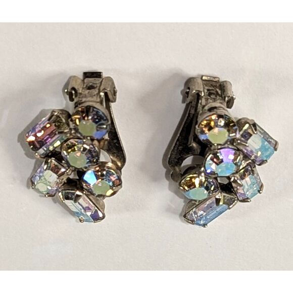 Vintage AB Rhinestone Baguette and Round Faceted Earrings - Picture 2 of 9